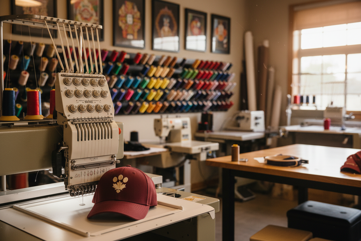 Embroidery shop with maroon hat