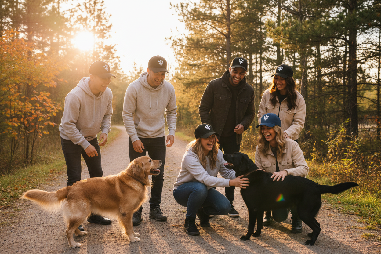 Multicultural group with dogs