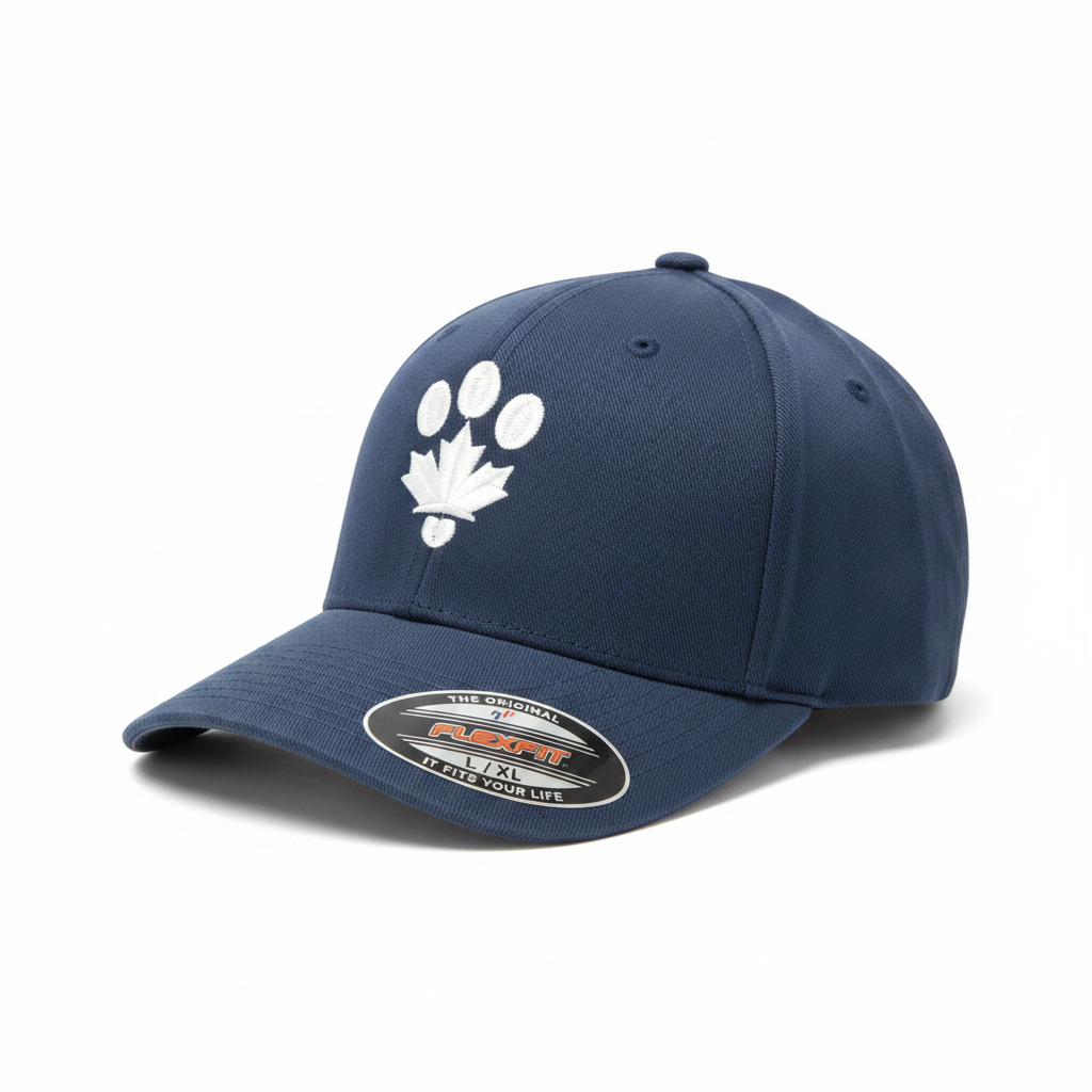 Navy hat 3/4 view on white background