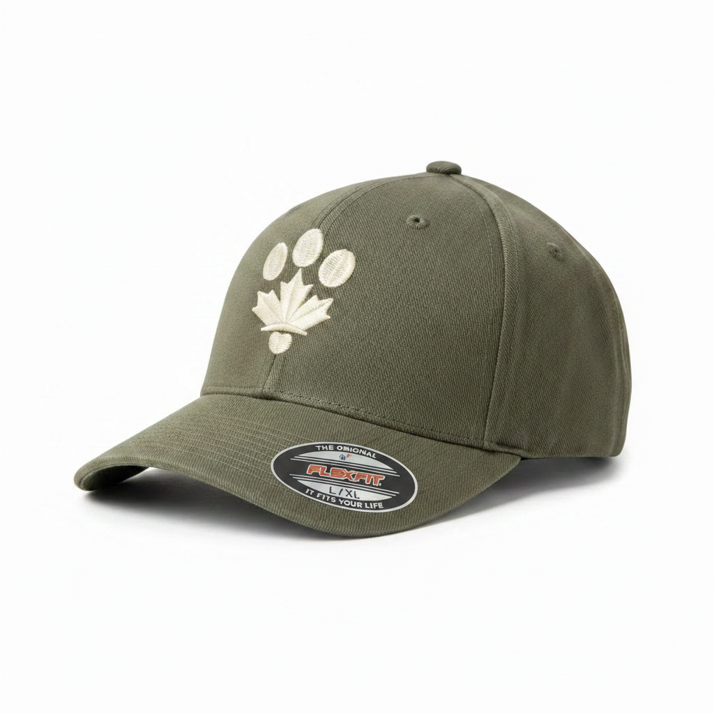 Olive hat 3/4 view with Flexfit sticker