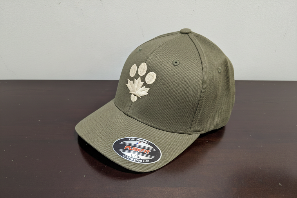 Olive hat angled - cream logo