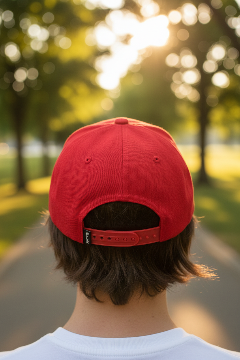 Person wearing red snapback from behind