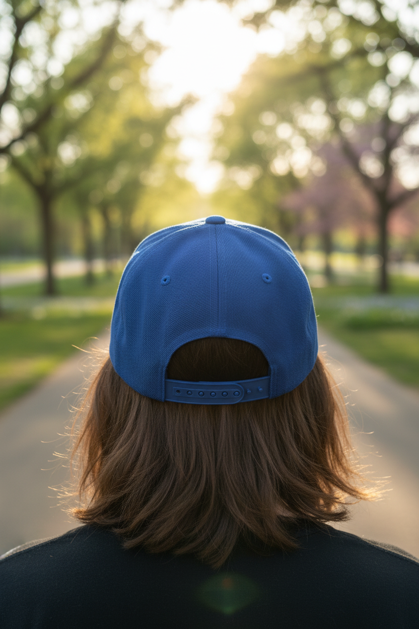 Person wearing royal blue snapback from behind